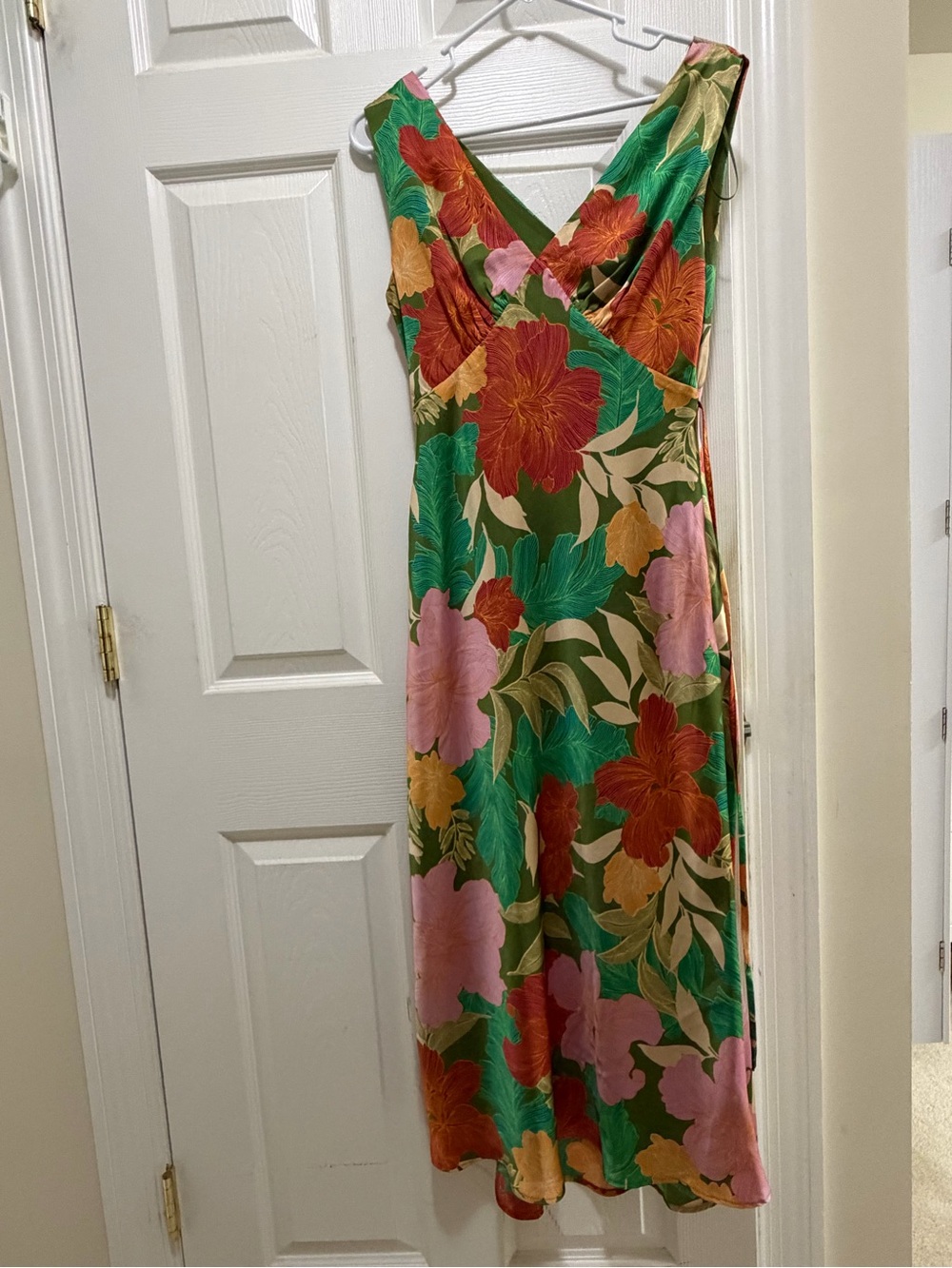 fab'rik Green Floral V-Neck Midi Dress with rust & Pink Blooms